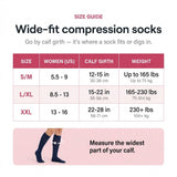 Velora size guide — calf girth, US shoe size and weight for S/M, L/XL and XXL