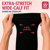 Extra-stretch wide-calf fit, four-way stretch, fits calves up to 35 inches