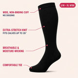 Wide non-binding cuff, extra-stretch knit fitting calves up to 35 inches