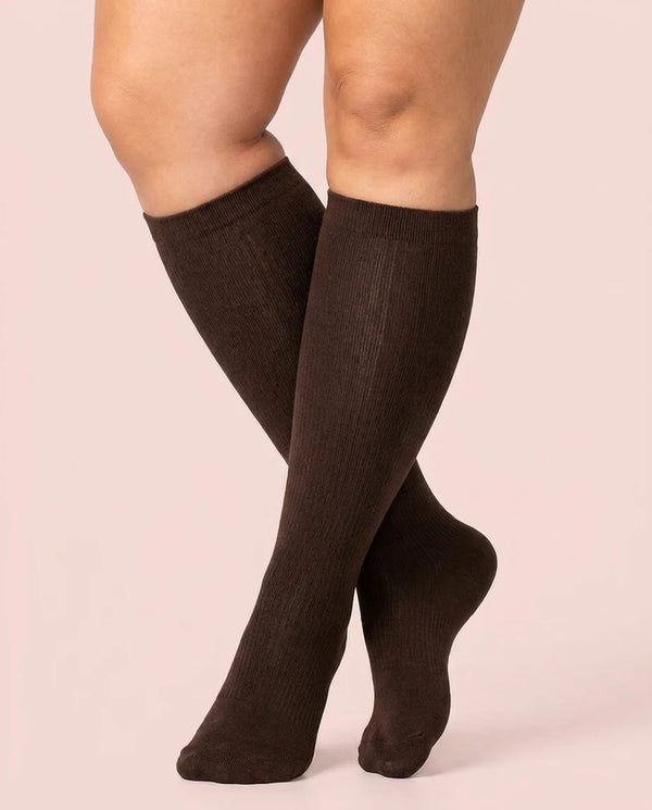 velora original wide fit compression socks coffee knee high women pose crossed ankles