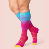 velora patterns wide fit compression socks lines rose red yellow knee high women pose heel popped