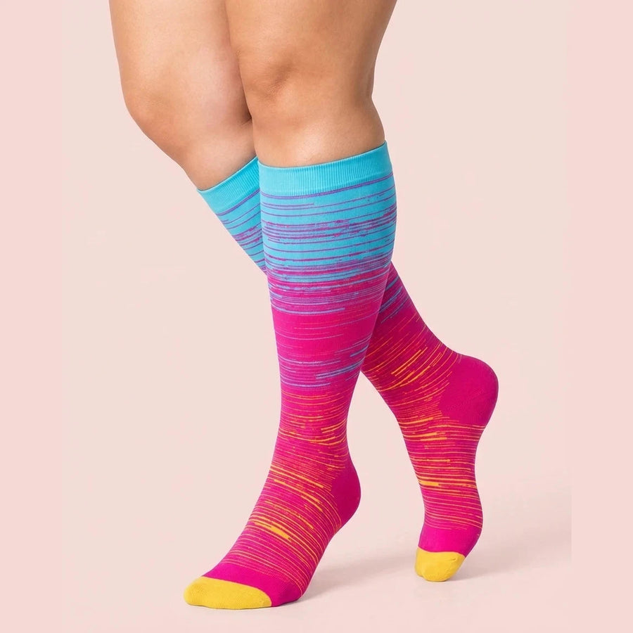 velora patterns wide fit compression socks lines rose red yellow knee high women pose heel popped