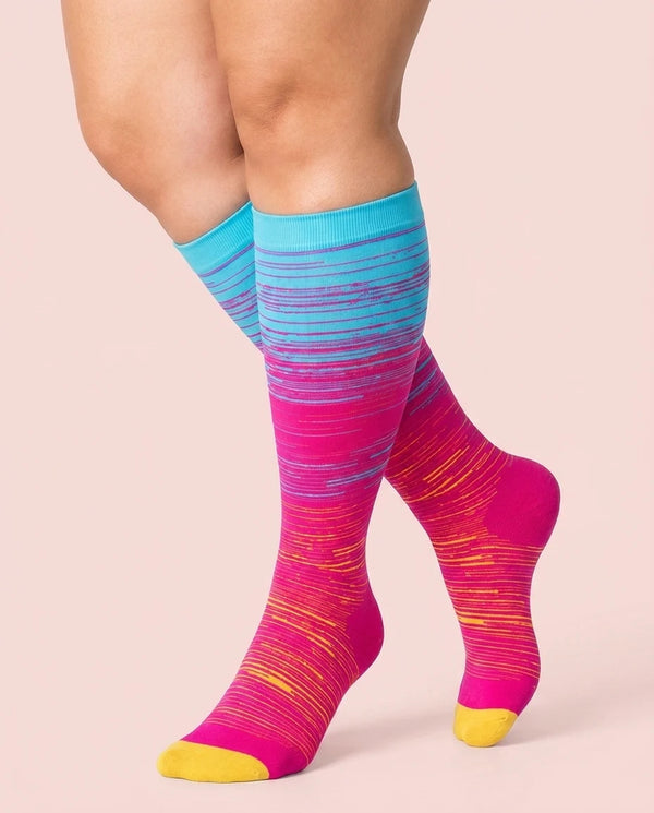velora patterns wide fit compression socks lines rose red yellow knee high women pose heel popped