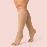 velora toeless wide fit compression socks skin color nude peep toe knee high women pose pointed toe