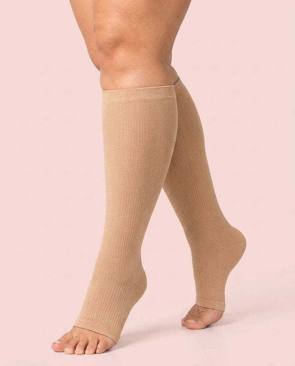 velora toeless wide fit compression socks skin color nude peep toe knee high women pose pointed toe