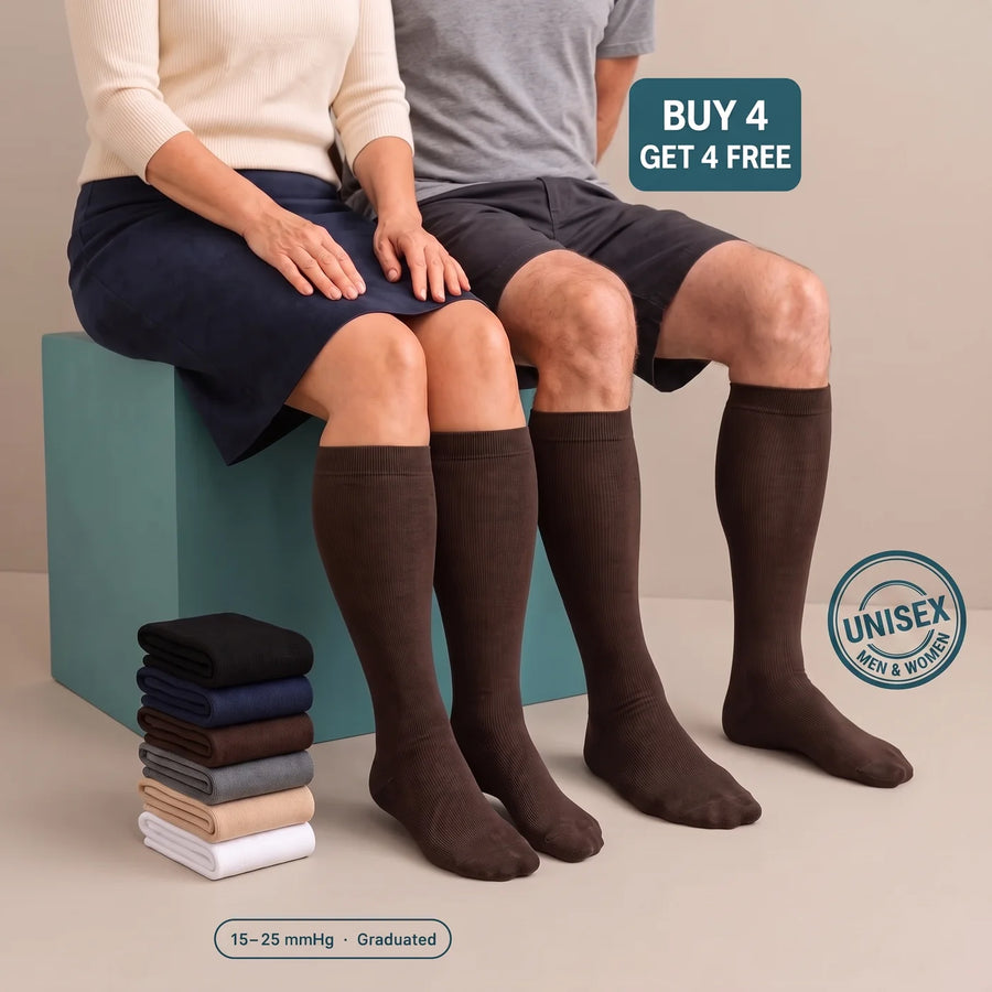 Unisex Velora wide-calf compression socks worn by a man and a woman — Buy 4 Get 4 Free, 8 pairs for $84