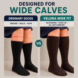 Ordinary socks dig in and leave a red ring; Velora wide fit stays flat on the same calf