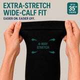 Extra-stretch four-way knit cuff fits calves up to 35 inches, easier on and off