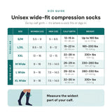 Unisex size chart with men's and women's US shoe sizes, calf girth and weight ranges